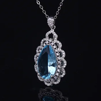 NPKDS de Luxo Feminino Gota de Água Grande Mar Azul Cristal de Zircão Colar Pingente Elegante Retro Estilo de Corte Colar do Casamento