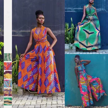 Africana novo estilo de outono roupa nova impressão digital de mulheres sexy variedade de tiras de desgaste DIY wide-leg macacão