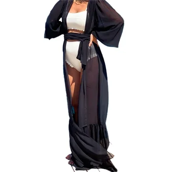 Feminino Vestido de Praia Sólido Cor de Manga Longa, Uma Peça de Biquíni Cobre com Cinto para Mulheres Preto S/M/L/XL trajes de Banho Cover-Ups
