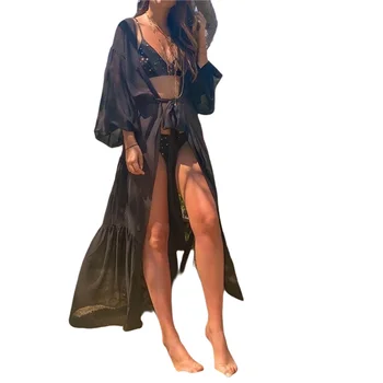Feminino Vestido de Praia Sólido Cor de Manga Longa, Uma Peça de Biquíni Cobre com Cinto para Mulheres Preto S/M/L/XL trajes de Banho Cover-Ups