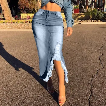Mulheres Da Moda Retro Lavado Irregular Saias Moda Cintura Alta Rasgado Divisão De Jeans Angustiado Jeans Elástico Bodycon Saia Longa