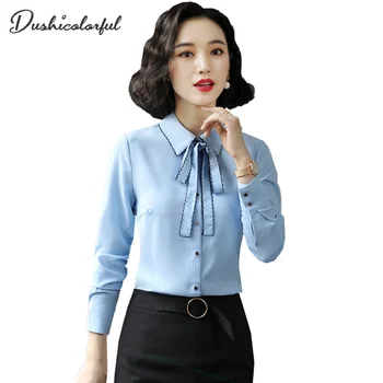 Outono Camisa de manga comprida Mulheres Branco Azul Laço Blusa Desgaste do Trabalho Formal Senhora do Escritório Plus Size Top Dushicolorful