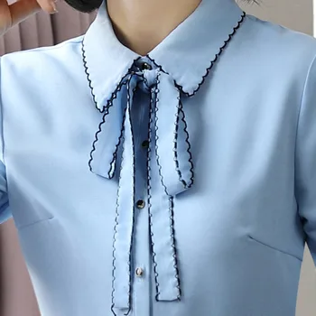 Outono Camisa de manga comprida Mulheres Branco Azul Laço Blusa Desgaste do Trabalho Formal Senhora do Escritório Plus Size Top Dushicolorful