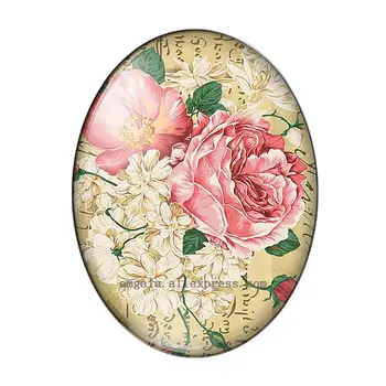 Vintage Retro Flores Rosa Pinturas de Arte 13x18mm/18x25mm/30x40mm Oval foto cabochão de vidro plano costas, Tornando conclusões