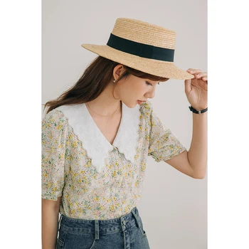 INMAN de Verão Blusa Floral para Mulheres Pastoral Bordado Onda de Lapela Design Slim Mangas Curtas Botões da Camisa