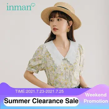 INMAN de Verão Blusa Floral para Mulheres Pastoral Bordado Onda de Lapela Design Slim Mangas Curtas Botões da Camisa
