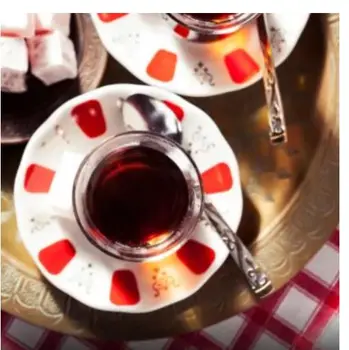 12 Peça turco Folk Copos de Chá Set - 6 de Vidro Do Tradicional Copo de Chá-6 Artesanal Pratos de Porcelana Com Motivo-ENVIO RÁPIDO