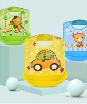 Cartoon impresso segurança do bebê babadores para meninos e meninas, coletes à prova d'água soft silicone babadores para crianças com bolso babadores