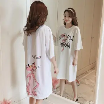 Tamanho grande Mulheres de Verão coreano Pijamas Solta Nightwear Cute Cartoon Nightdress Senhoras manga Curta Dormir Vestido Longo