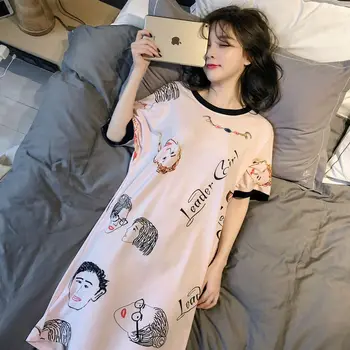 Tamanho grande Mulheres de Verão coreano Pijamas Solta Nightwear Cute Cartoon Nightdress Senhoras manga Curta Dormir Vestido Longo