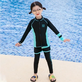 Maiô de crianças Rashguard Menina Menino de 3 peças de Manga Longa dianteira do Zipper Jaqueta Calça Shorts azul preto Sportsuit de surf Mergulho