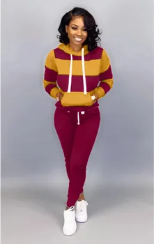 Novo Listrado roupa de Duas peças S-3XL Moda das Mulheres de Mangas compridas Top+Calça Com a Camisola com Capuz Casual Terno de Esportes Primavera 2021