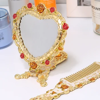 Europeu De Luxo Vintage Forma De Coração De Um Espelho De Mão De Ouro Maquiagem Moldura De Espelho Espelho Do Bolso Conjunto De Pente De Cabelo De Presente
