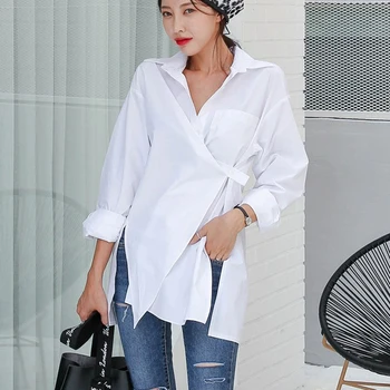 LANMREM Branco, Camisa Preta Para as Mulheres 2021 outono inverno Irregular Blusa Feminina de Moda de Nova Assimetria Solta Tops YH879
