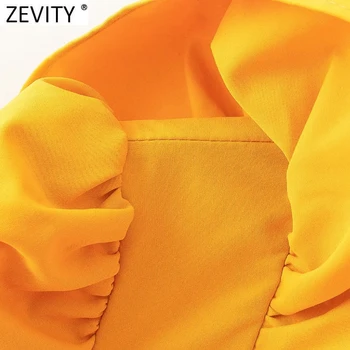 Zevity Mulheres da Moda Prega Babados Casual Slim Mini Camisa de Vestido de Dama de Escritório Puff Manga Chique Cor Amarela, Uma Linha de Vestidos DS8101