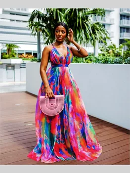 Bloco de cores com decote em V Mulheres de Vestido Moda Africana Roupas Dashiki Impresso Malha Festival Festa Sexy de Volta Aberto Vestido de festa Longo Novo 2021