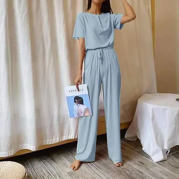 Verão 2021 mulheres Pijama Terno de Gelo Seda Respirável Senhoras Sólido de Manga Curta Estilo Simples Pijama Solto, Macio Homewear das Mulheres