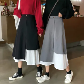 Zoulv 2021 das Mulheres de Lazer Alunos Irregulares Saias das Mulheres de Retalhos de Cintura Alta de Tornozelo-comprimento Simples Harajuku Streetwear Saia