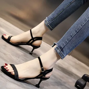 Bege Preto Sandálias De Salto Alto De Mulheres Fivela Finas Sandálias De Salto Mulheres Sapatos De Moda De Verão Aberto Toe Sandálias Zapatos Mujer