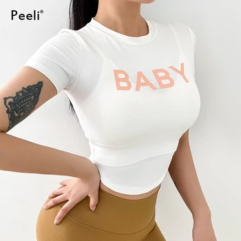 Peeli Short Sleeve Top de Ioga Mulheres BEBÊ Impresso Desporto T-Shirts de Roupas de ginástica Yoga Camisa Ginásio Crop Top Active Wear Esporte Tops