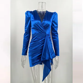 Cetim elegante da festa do clube vestido mulher manga comprida de pescoço v sexy ruched azul vermelho bodycon vestido de vestidos de 2021 senhoras com roupas de clubwear