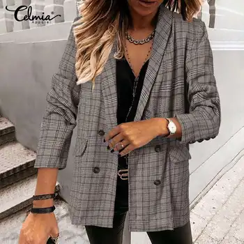 Terno De Negócio Coats Celmia Mulheres Do Vintage Xadrez Blazers Moda Casual Solta Office Verificado Formal Outerwears De Grandes Dimensões Outono