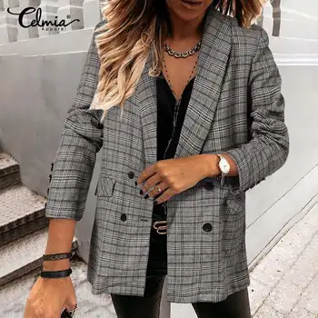 Terno De Negócio Coats Celmia Mulheres Do Vintage Xadrez Blazers Moda Casual Solta Office Verificado Formal Outerwears De Grandes Dimensões Outono