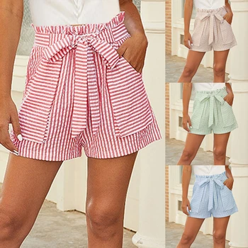 2021 Verão Listra Mulheres Shorts Bolso Laço De Cintura Alta, Calças De Lazer De Moda Feminina Atadura De Calças Curtas Beachwear Novo