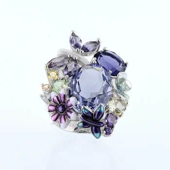 Moda Prata Elegante Borboleta de Flor de Anéis para as Mulheres Artesanal Esmalte Cristal de Luxo Banquete de Casamento Anel de Dedo de Jóias