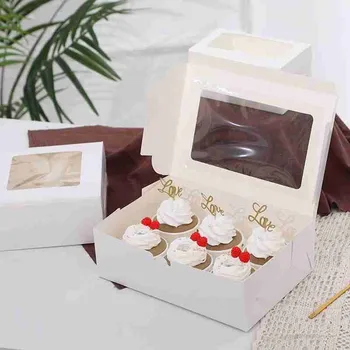 1box Papel Kraft Cupcake Embalagem Caixa Com Janela de Papelão Bolo de Muffin Biscoitos Doces Caixa de Festa de Casamento, Presente de Aniversário