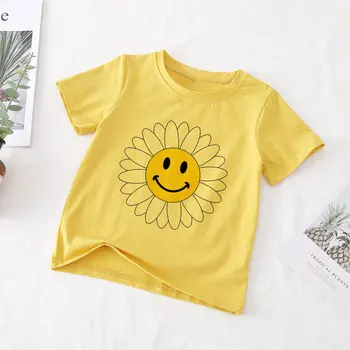 A Criança De Meninas Tops Tee Verão Nova T-Shirt Menina Estética Arco-Íris De Flores Silvestres De Plantas De Impressão De T-Shirt Meninas O-Pescoço Curto Manga Bonito