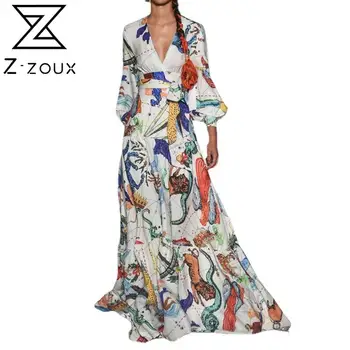 Z-ZOUX Mulheres de Vestido Temperamento de Impressão Maxi Vestidos de Manga Longa, Decote em V Curativo Senhoras Vestidos de Cintura Alta Grande Bainha de Plus Size Vestido de