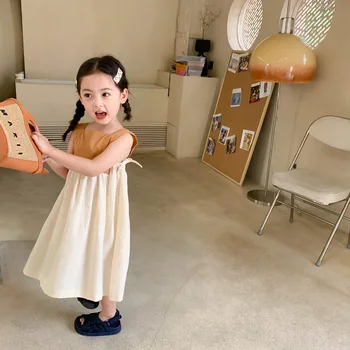 Verão Nova Chegada estilo coreano de algodão menina de vestido sem mangas de correspondência de cores da moda doce vestido para bebê bonito meninas