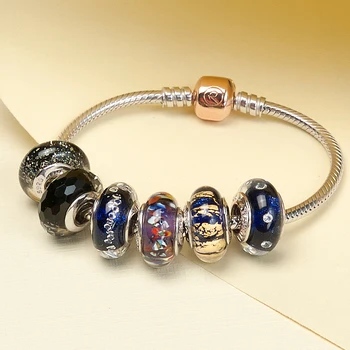 ATHENAIE Genuíno Murano Glass Beads Prata 925 Core Azul Escuro Areia com Folha de Ouro Charme Esferas Caber Todos os Europeia Pulseiras Colar