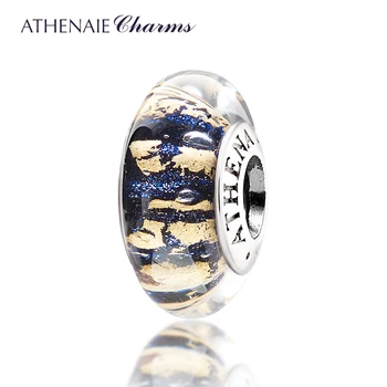 ATHENAIE Genuíno Murano Glass Beads Prata 925 Core Azul Escuro Areia com Folha de Ouro Charme Esferas Caber Todos os Europeia Pulseiras Colar