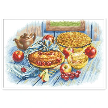 A Apple torta de cereja ponto de cruz, kits de alimentos aida tecido 18ct 14ct 11ct branco contados algodão bordado com fio de kits DIY ofício conjunto