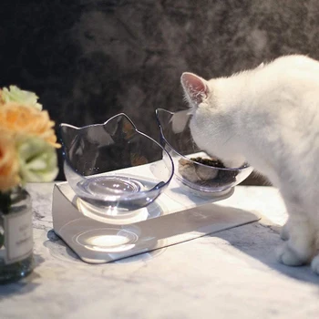 Duplo Bacia Do Animal De Estimação Não-Deslizamento Gato Taças Levantadas Ficar Branco Gato Bonito Cão Alimentador De Tigelas De Água E Alimentos De Animal De Estimação Produto Proteger Cervical