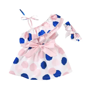 Infantil Kids Baby Girl Dress Criança pequena Bolinhas Vestido de Um Ombro Arco de Babados Vestido de Diadema 1-4T