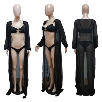 HAOYUAN Sexy de 3 peças Biquini Off Ombro Crop Top Tiras de Malha Sheer Cover Up, para as Mulheres Roupas de Verão trajes de Banho Conjuntos de Correspondência