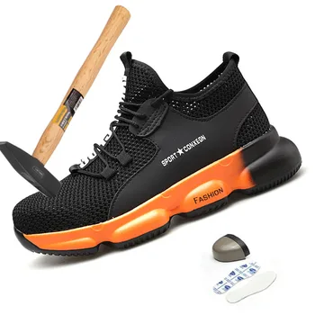 FJ25 Office Ankle Boots Homens Sapatos Primavera de Malha de Ar biqueira de Aço Anti-Quebra de Kevlar Facada Resistência Casual Segurança do Trabalho Tênis