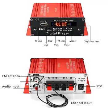 G8 200W 12V do Carro de Áudio Amplificador HIFI Amplificador de Potência de Áudio bluetooth Casa Amplificadores de som Rádio FM 2CH USB TF AUX