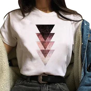 E25 Bela geometria Gráfico impresso T-shirt Tops Tee Bonito de Manga Curta Feminino T-shirts