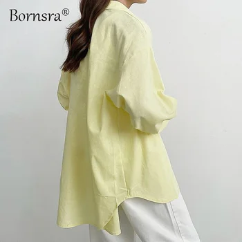 Bornsra 2021 Outono Amarelo clique com o botão Direito do ângulo Apontado Lapela da Camisa de manga comprida Algodão Longo de Mulheres maiores de manga longa blusa