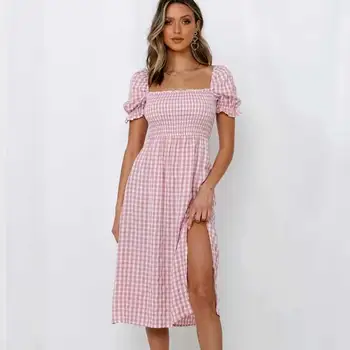 SALEQI de algodão cor-de-rosa vestido para as mulheres do lado de fenda longa boho vestido algodão xadrez de verão vestido florido pescoço quadrado laides vestido 2021