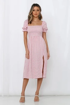 SALEQI de algodão cor-de-rosa vestido para as mulheres do lado de fenda longa boho vestido algodão xadrez de verão vestido florido pescoço quadrado laides vestido 2021