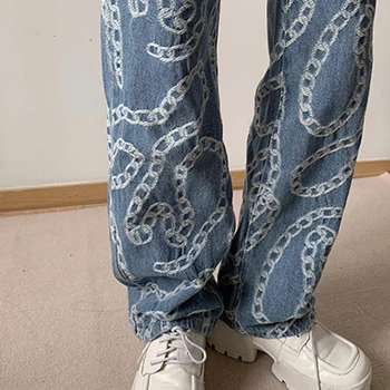 CHICEVER Blue Print, Jeans Calças Para as Mulheres de Cintura Alta Longa Comprimento em linha Reta Wide Leg Jeans Casual de Moda Feminina da Primavera Novo 2021