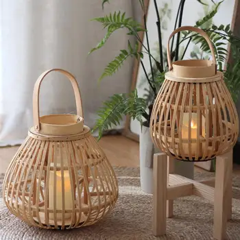 1pc Lanterna suspensa de Bambu Tecida de Velas Decorativas Castiçal Candelabro Decoração Lanterna Loja de Mesa de Jantar Castiçal