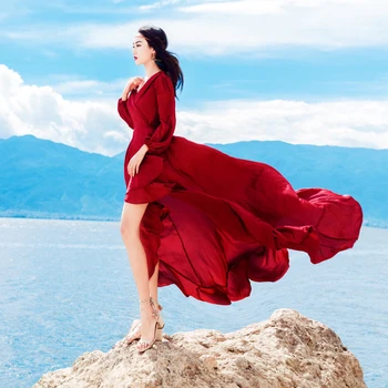 YAMDI praia sem encosto vermelho sólido pista 2020 manga longa vestidos de mulheres de vestido de festa elegante vintage de luxo a coleção primavera / verão boho senhora