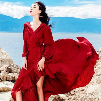YAMDI praia sem encosto vermelho sólido pista 2020 manga longa vestidos de mulheres de vestido de festa elegante vintage de luxo a coleção primavera / verão boho senhora