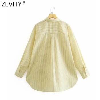 Zevity Mulheres do Vintage Único Bolso Listrado Amarelo Impressão Batas Soltas de Blusa Senhora do Escritório de Negócios Camisa Chique Blusas, Tops LS9030